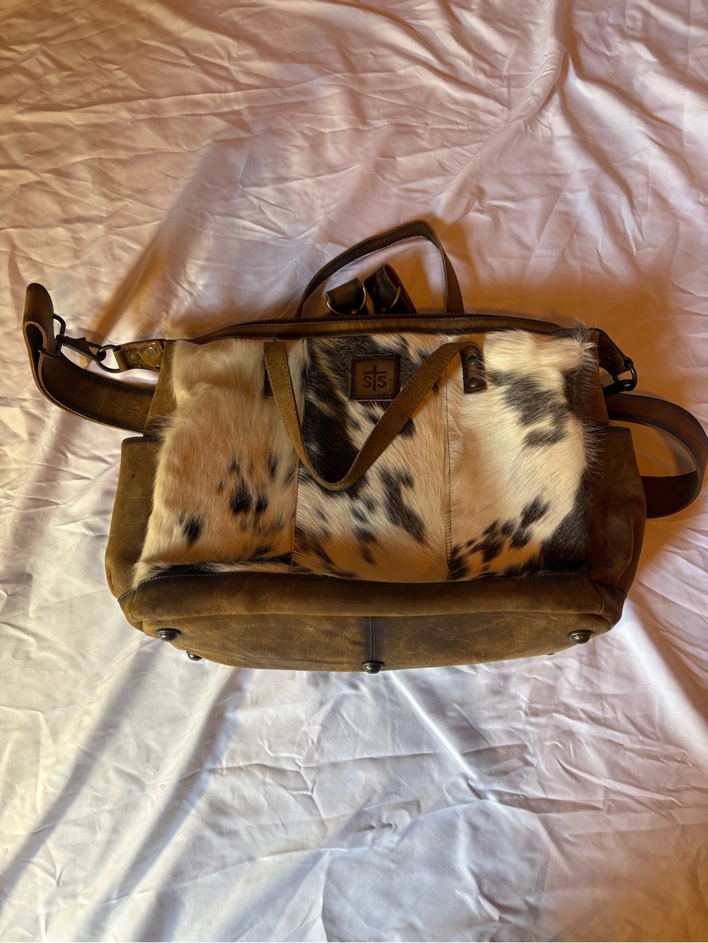 STS Ranchwear Brown Leather & Spotted Cowhide Duffel/ Diaper Bag